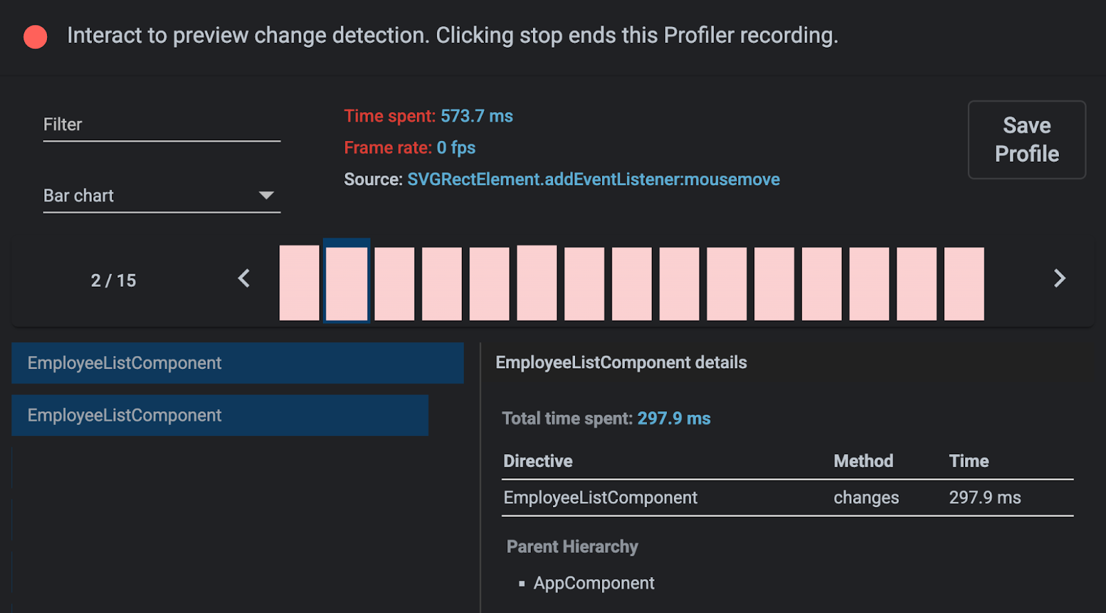 Angular DevTools profiler preview showing slow computation