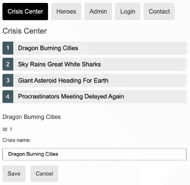 Crisis Center detail of a crisis with data, an input, and save and cancel buttons.